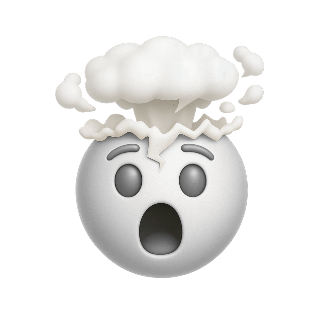 3D mind blown emoji with exploding head, shocked expression, and steam cloud in HD PNG format