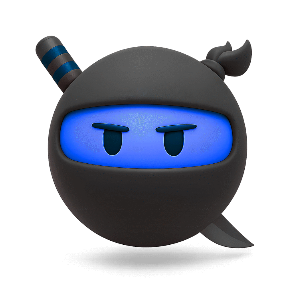 3D Ninja Emoji with blue glowing eyes, black headband, and sword on transparent background – high-quality clipart image.
