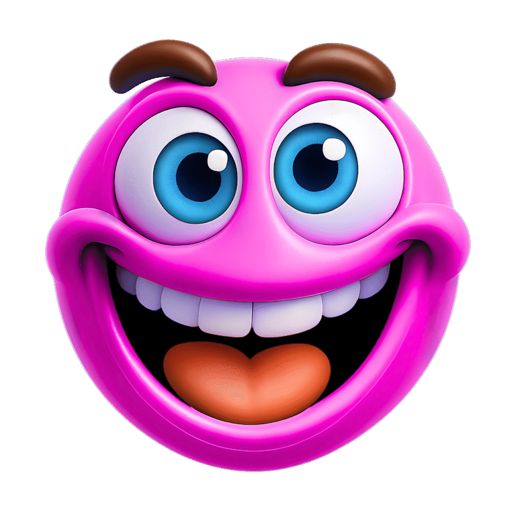 3D pink smiley face emoji with large blue eyes, raised brown eyebrows, big toothy grin, and orange tongue – transparent background cartoon clipart