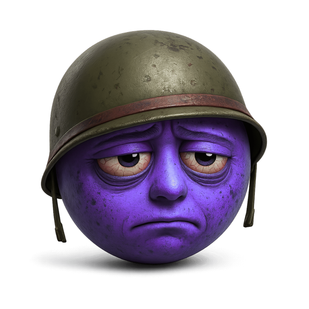 Purple-blue emoji face with sad tired eyes and military helmet expression