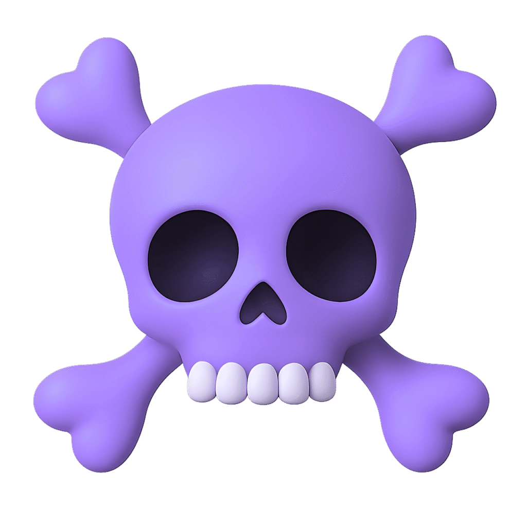 3D purple pirate skull emoji with heart-shaped crossbones and cartoon teeth on a transparent background.