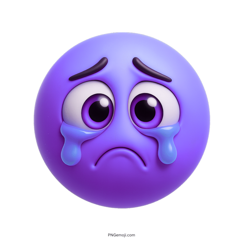 3D purple crying emoji face with big teary eyes and soft expression on transparent