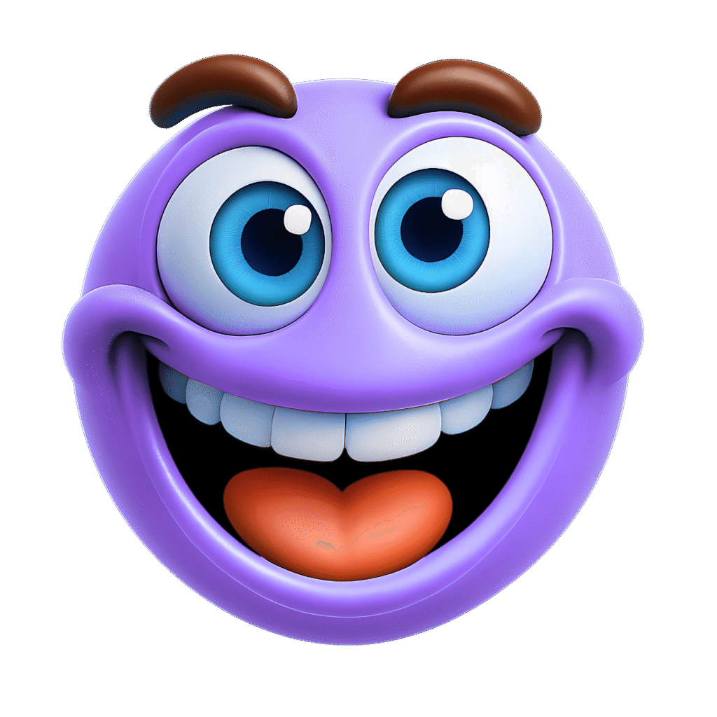 3D purple smiley face emoji with large blue eyes, brown eyebrows, wide open smile showing teeth, and orange tongue – transparent background clipart for fun designs