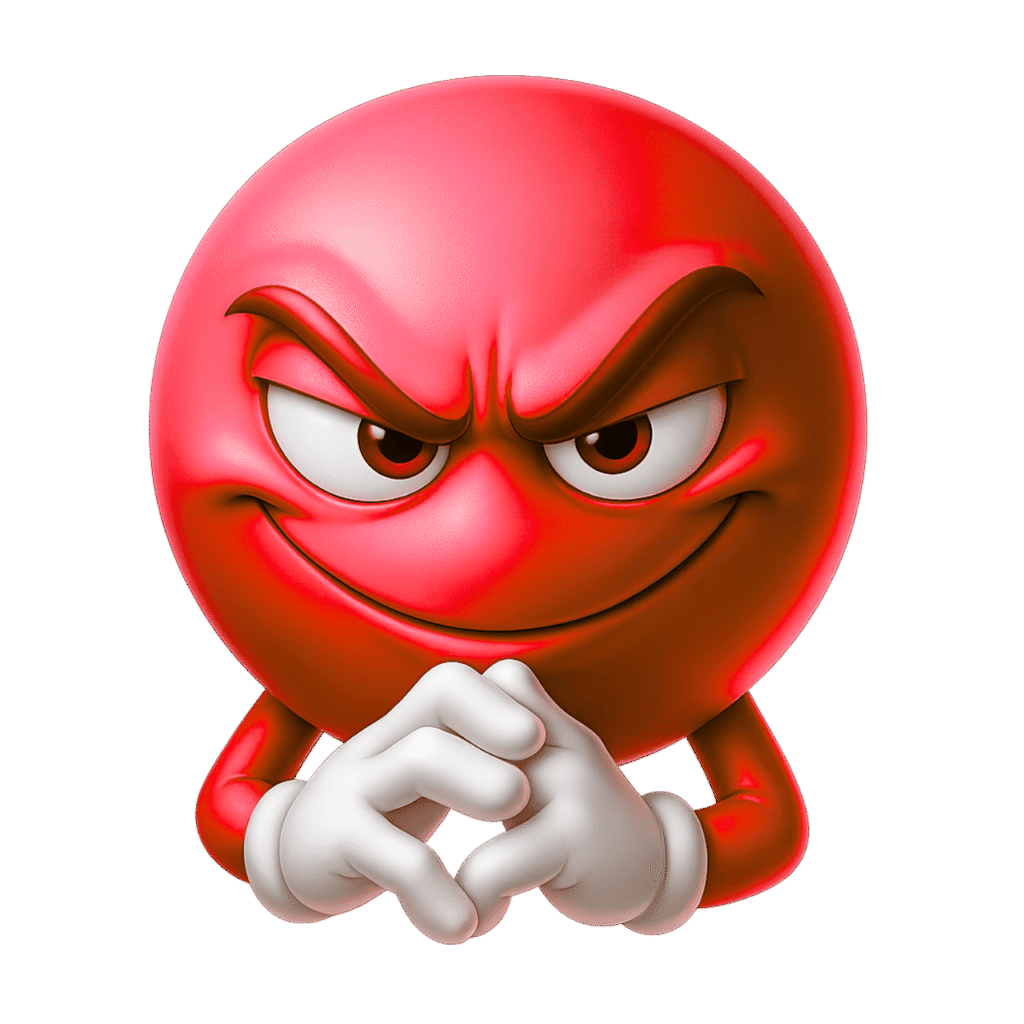 3D red emoji with evil smirk, intense eyes, and white gloves in plotting pose