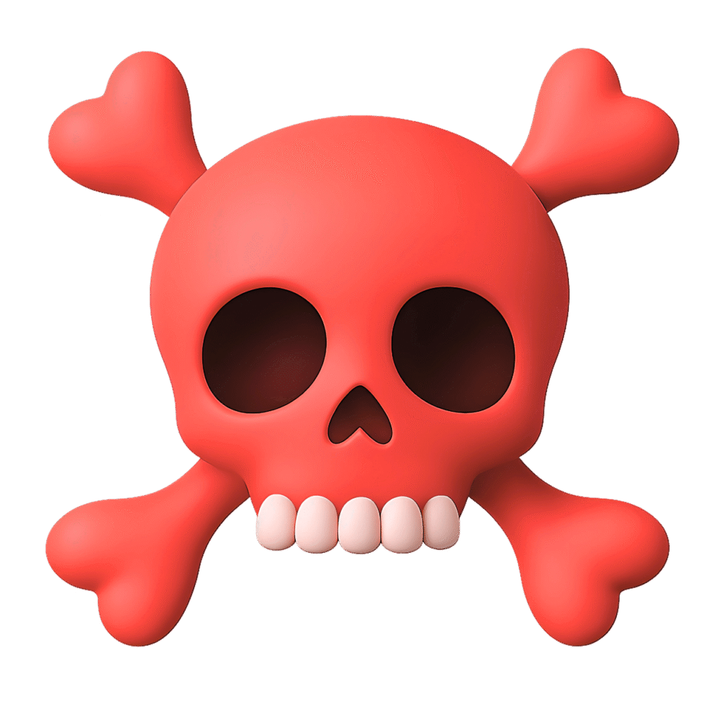 3D red pirate skull emoji with heart-shaped crossbones and cartoon-style teeth, isolated on transparent background.