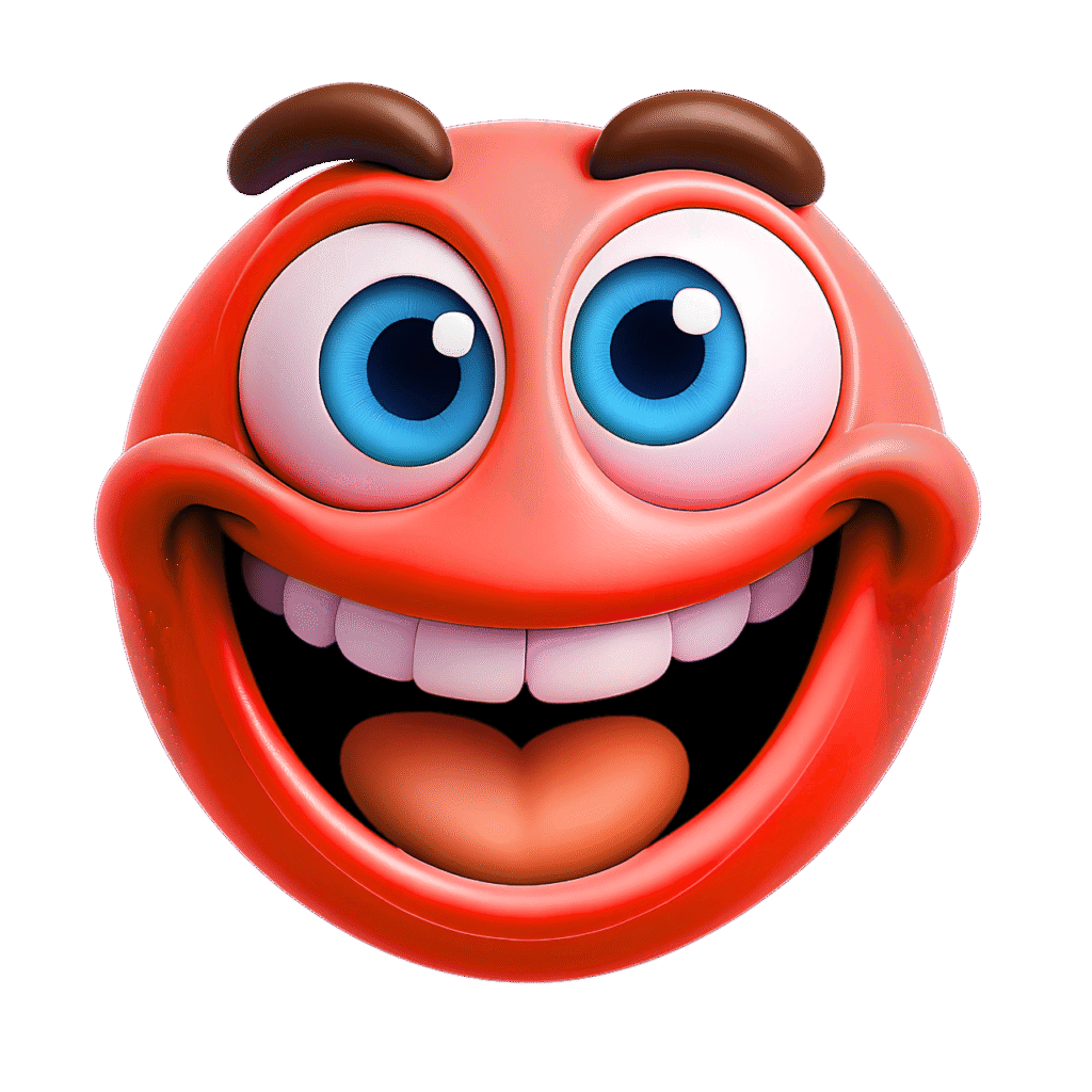 3D red smiley face emoji with large blue eyes, brown eyebrows, white teeth, and an orange tongue on a transparent background – fun cartoon clipart image