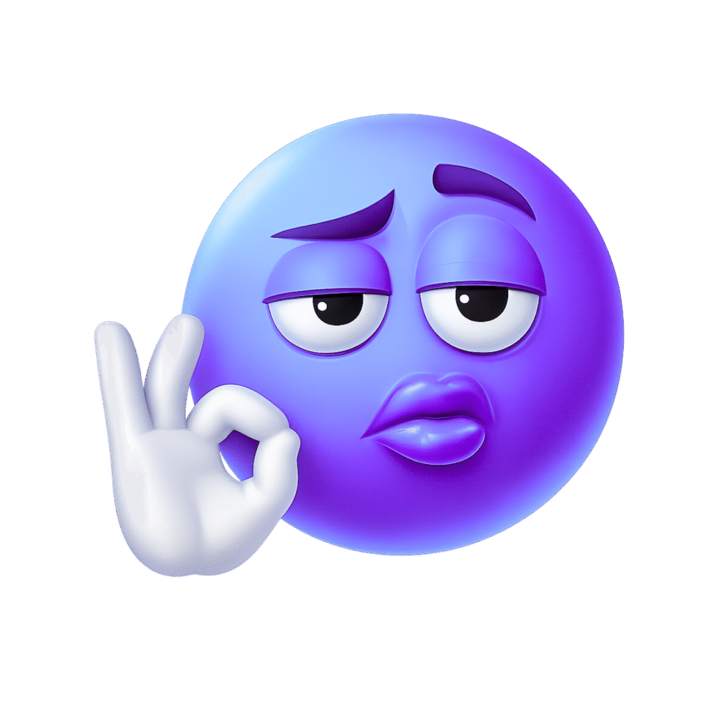 3D Purple Emoji with OK Hand Sign and Sassy Expression – Modern Emoticon Illustration