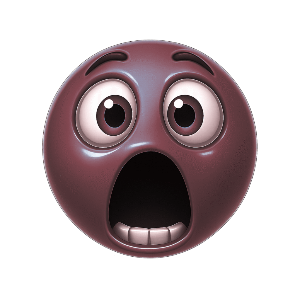 Brown 3D shocked emoji face with wide eyes and open mouth on transparent background