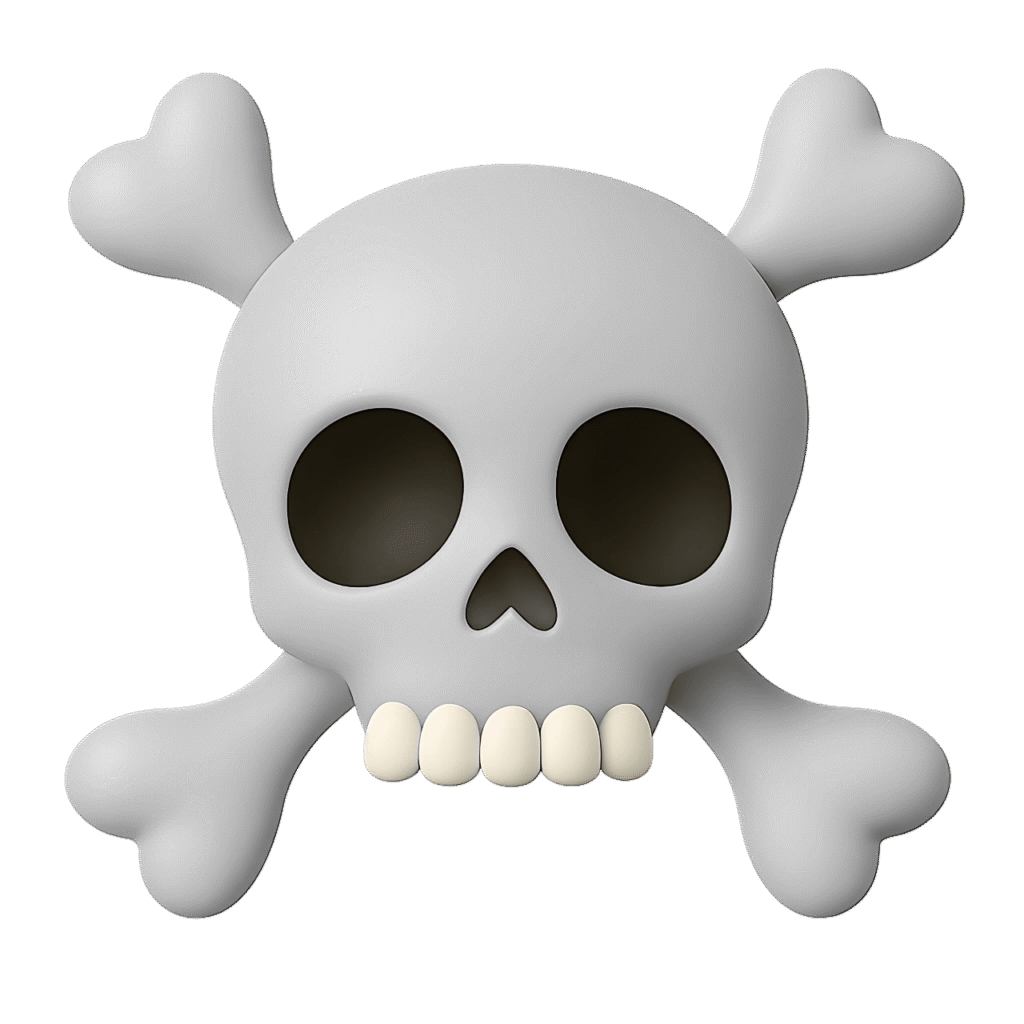 3D white pirate skull emoji with heart-shaped crossbones and cartoon-style teeth on a transparent background.
