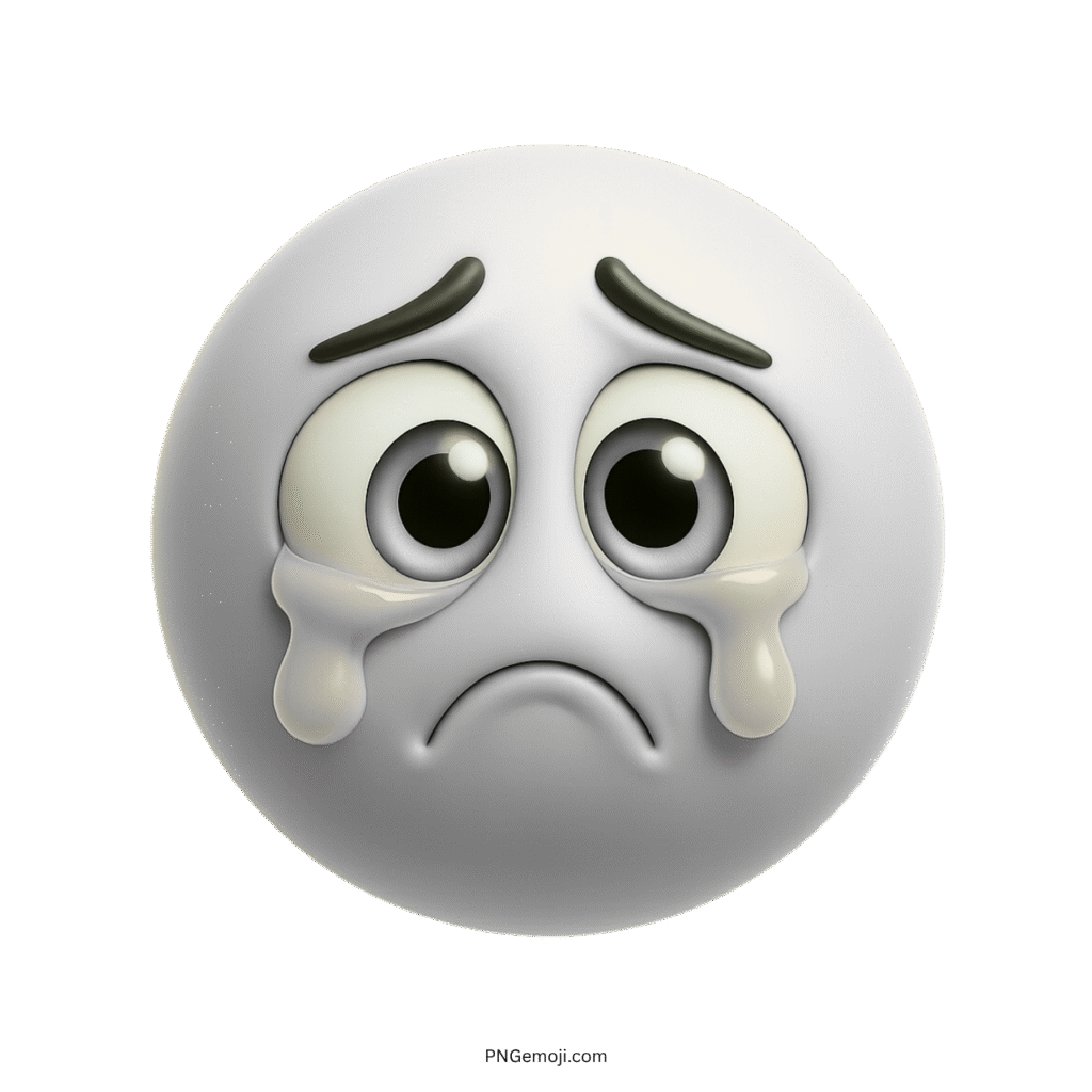 3D white sad emoji face with big teary eyes and transparent background