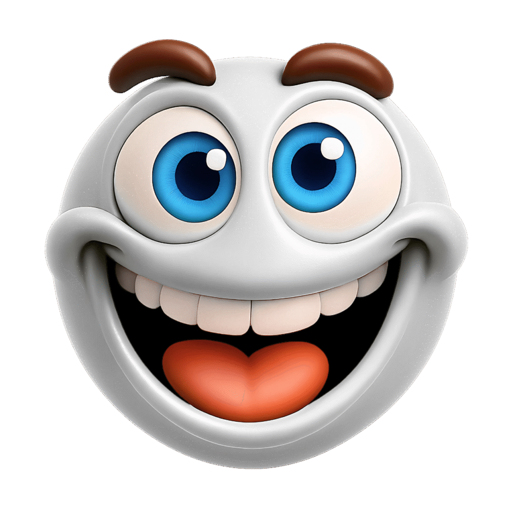 3D white smiley face emoji with big blue eyes, brown eyebrows, white teeth, and an orange tongue – transparent background clipart