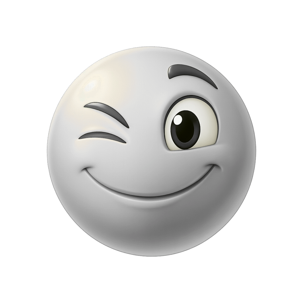 3D White Winking Emoji Face with Flirty Smile and Raised Eyebrows &ndash; Transparent Background PNG Clipart