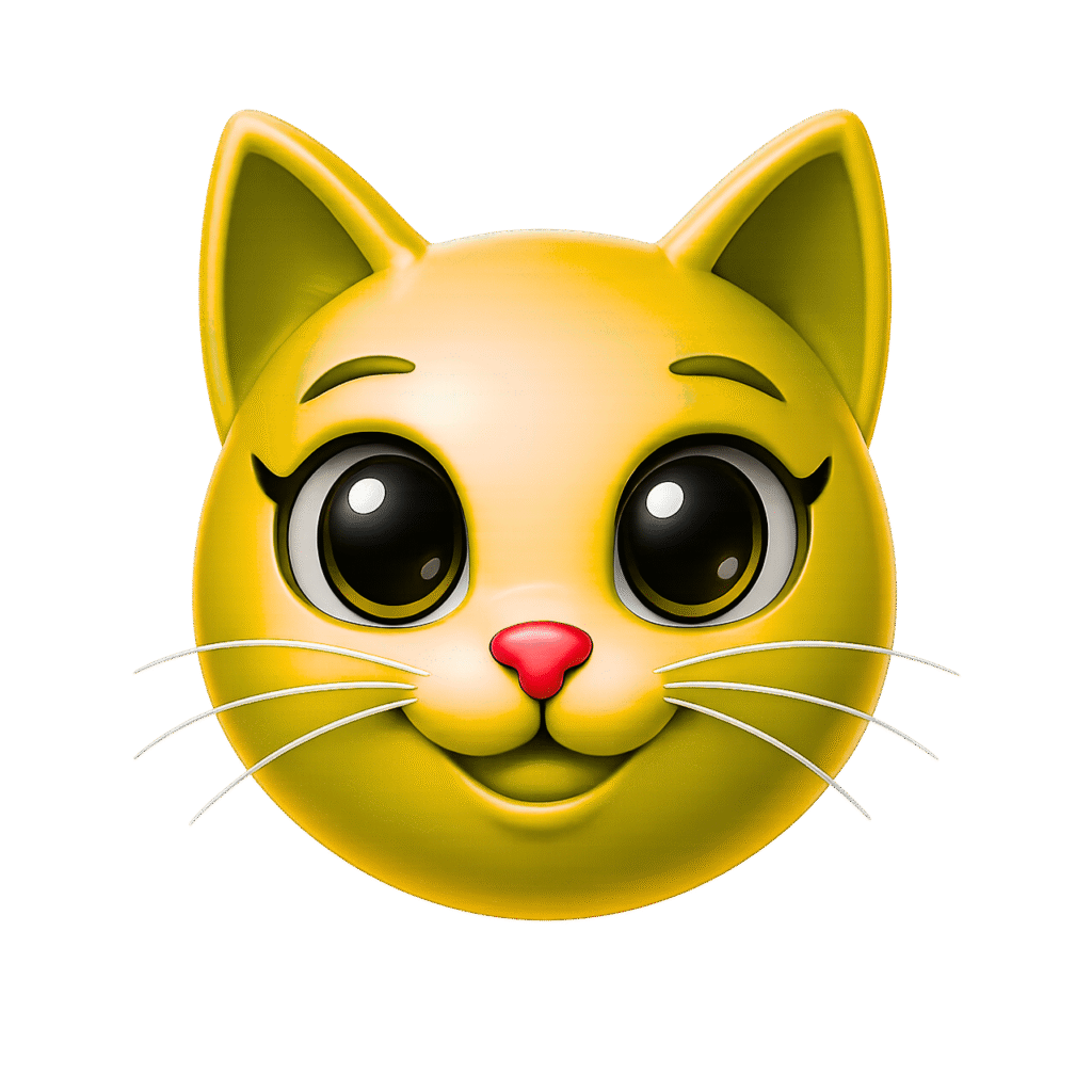 Glossy 3D yellow cat face emoji with shiny texture, red nose, large black eyes, and white whiskers