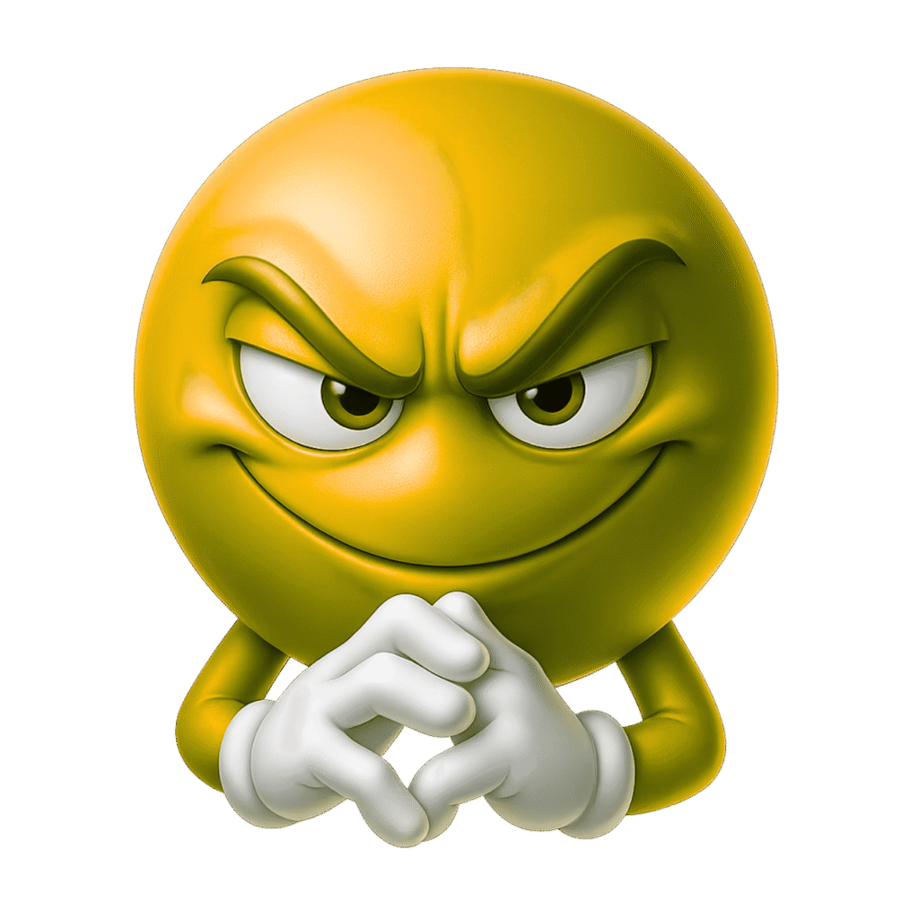 3D yellow emoji with mischievous smirk, arched brows, and clasped white cartoon hands on transparent background