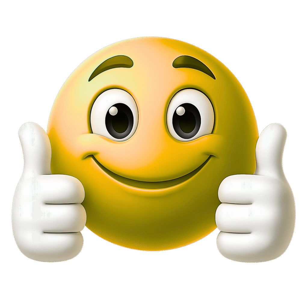 3D yellow smiley emoji with big eyes and white hands giving double thumbs up on a transparent background
