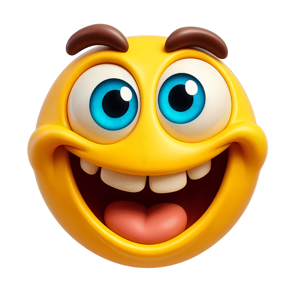 3D yellow smiley emoji with big blue eyes, brown eyebrows, white teeth, and a red tongue – transparent background clipart image