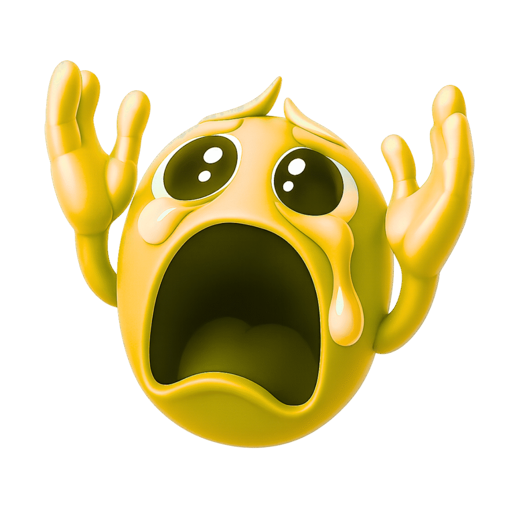 3D yellow crying emoji shouting “Nooo” with raised hands and large tears