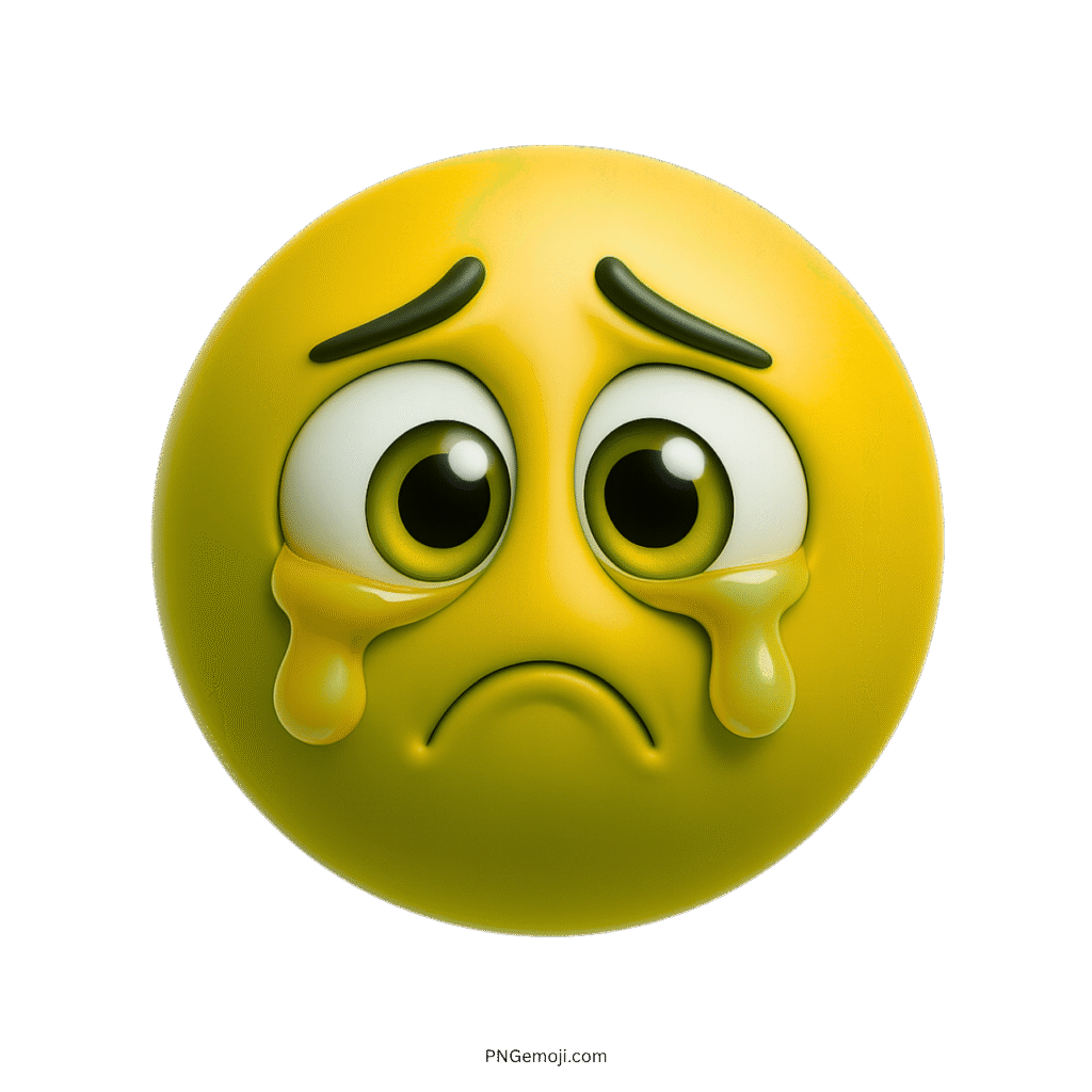 3D yellow sad emoji face with big teary eyes and dripping tears on transparent background