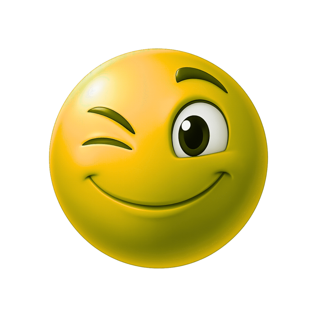 Yellow 3D winking emoji with glossy finish, one eye closed, big open eye, and cheeky smile on transparent background