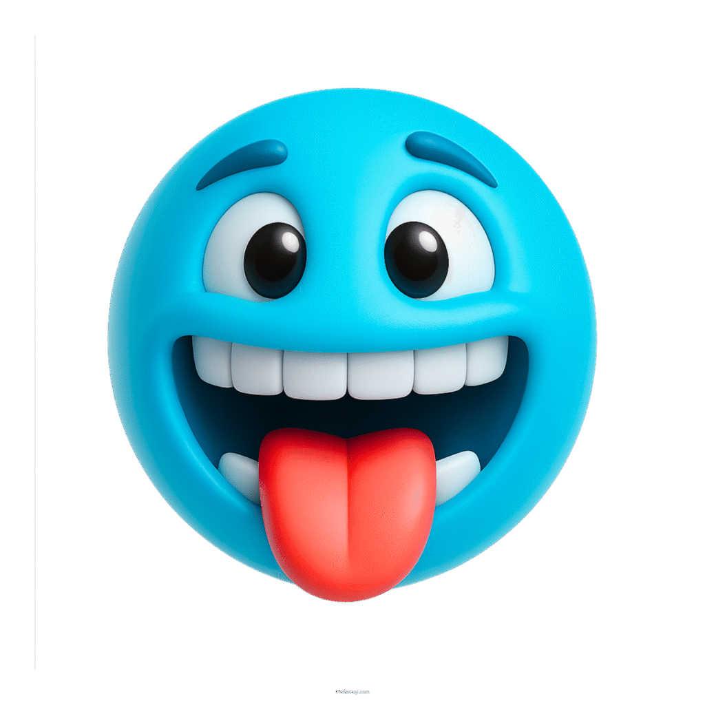 3D blue emoji face with happy eyes and tongue out in silly expression