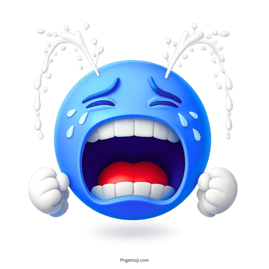 3D blue crying emoji with tear fountains and sad emotional facial expression