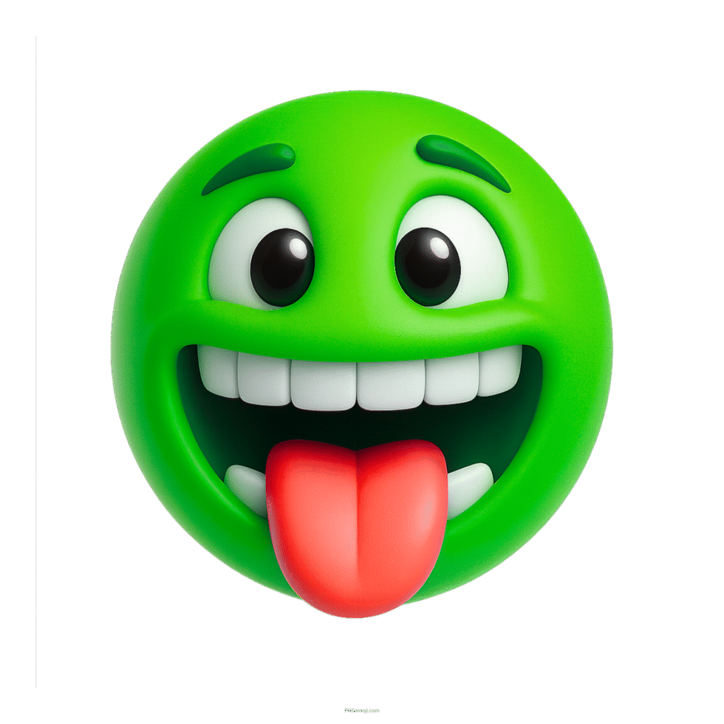 3D green emoji with wide smile, big eyes, and red tongue sticking out