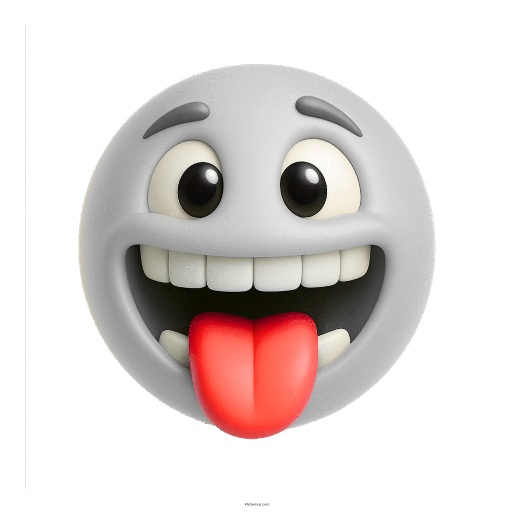 3D light grey emoji with big eyes, smiling mouth, and red tongue out