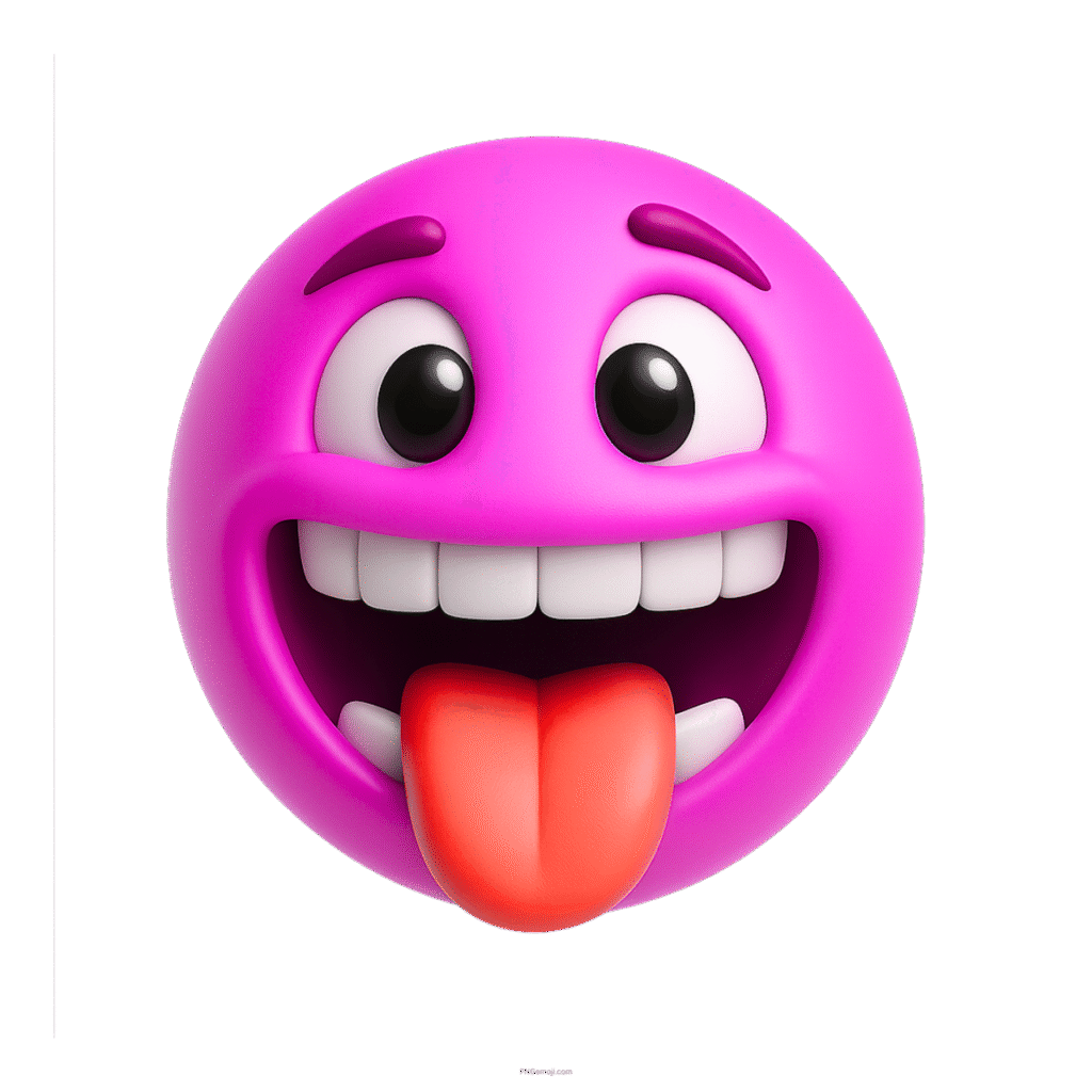 3D pink emoji face with playful eyes and tongue sticking out in fun mood