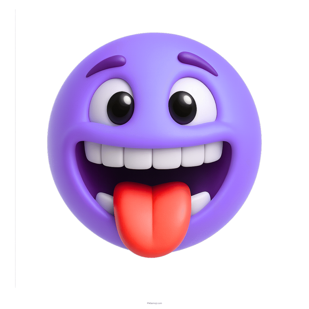 3D purple emoji face with tongue sticking out and joyful cartoon expression