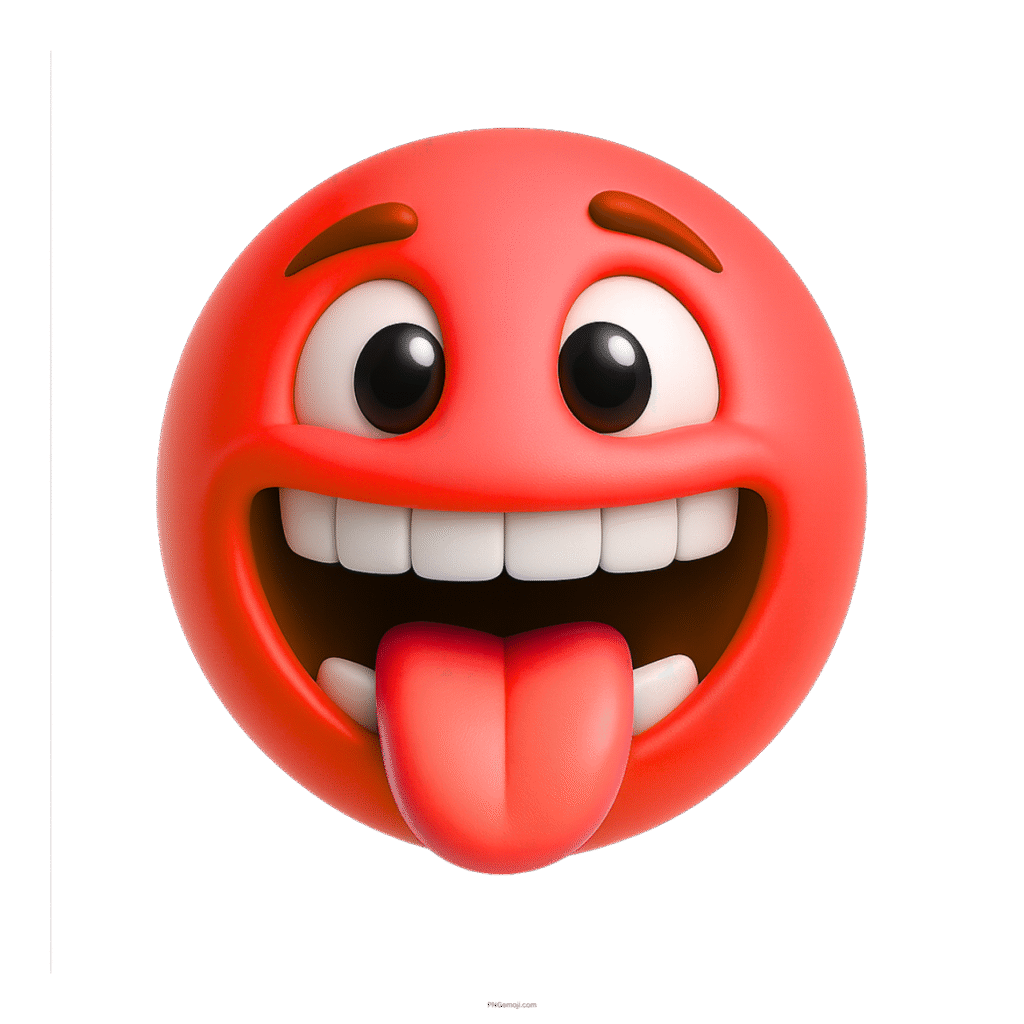 3D red emoji with wide smile, big eyes, and playful tongue sticking out