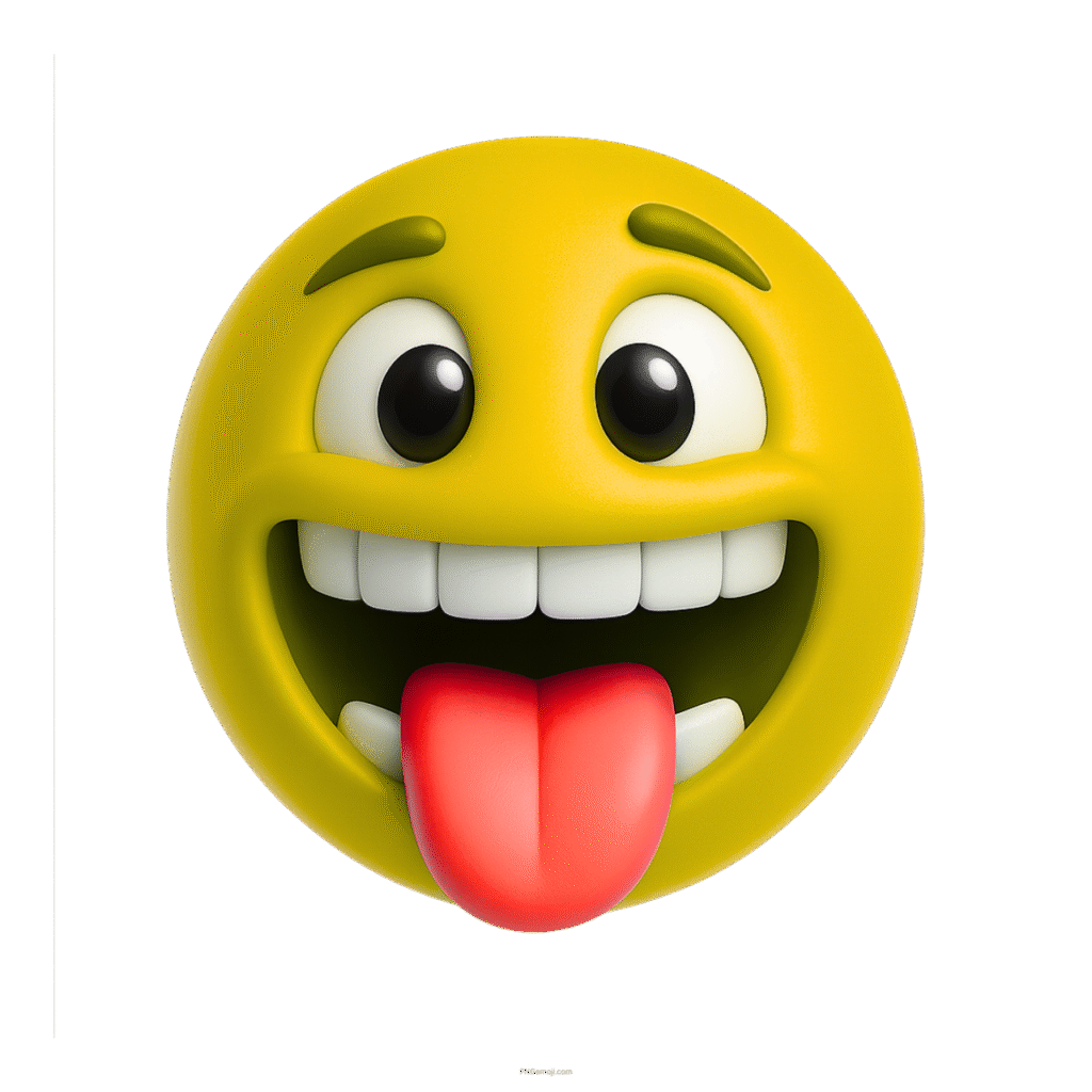 3D yellow smiling emoji with tongue out, big eyes, and happy expression