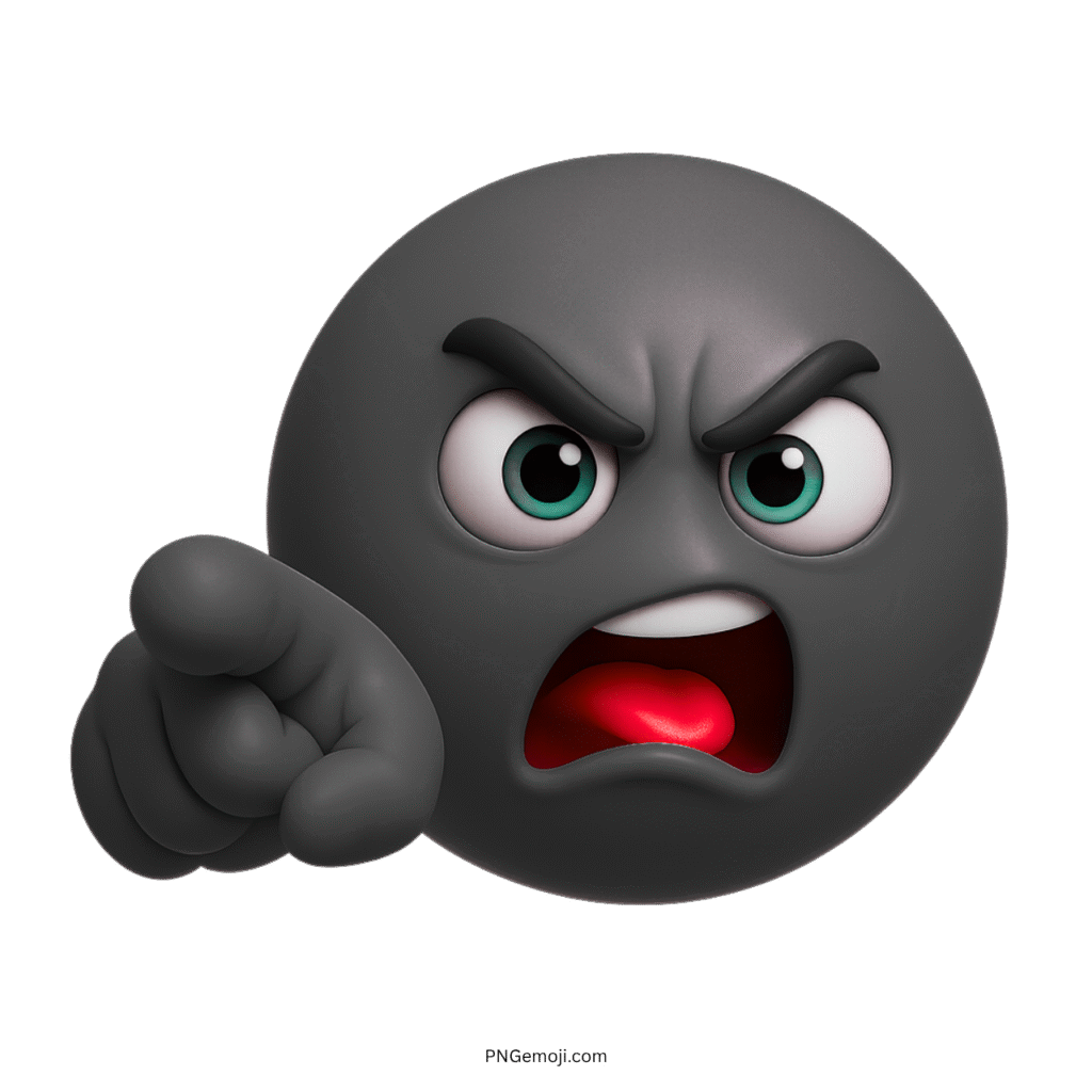 3D angry black emoji with yelling mouth and finger pointing straight ahead