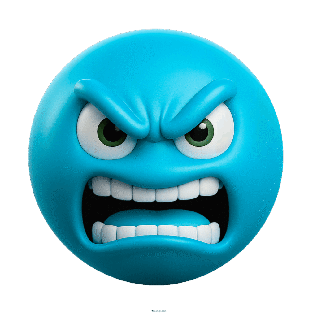 3D angry blue emoji with gritted teeth, furrowed brows, and intense green eyes