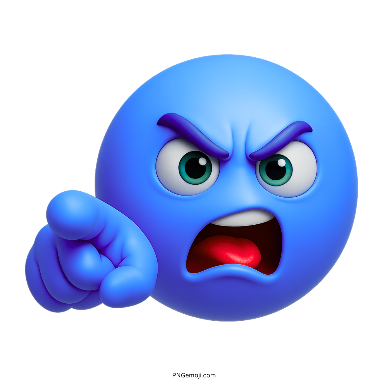 3D angry blue emoji pointing finger with furious expression and clenched hand