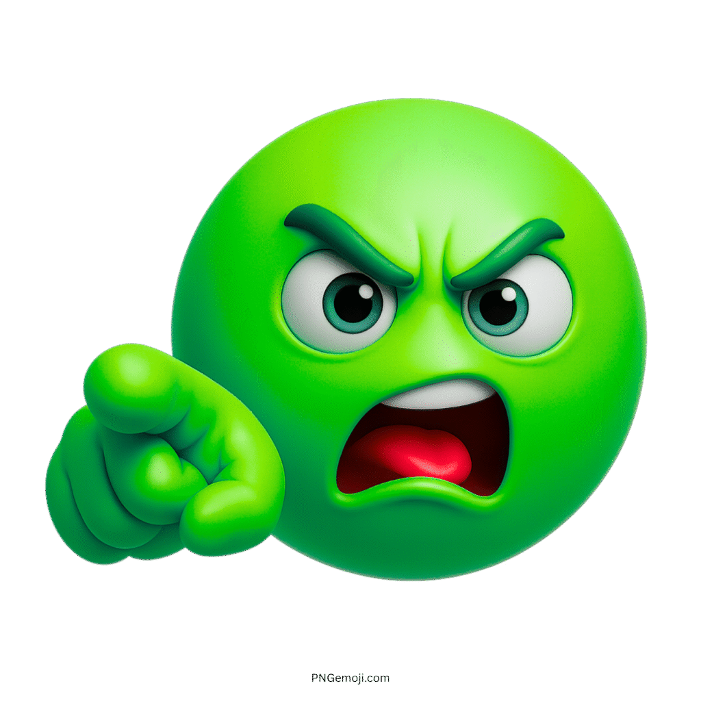 3D green angry emoji shouting with finger pointing outward and intense eyes