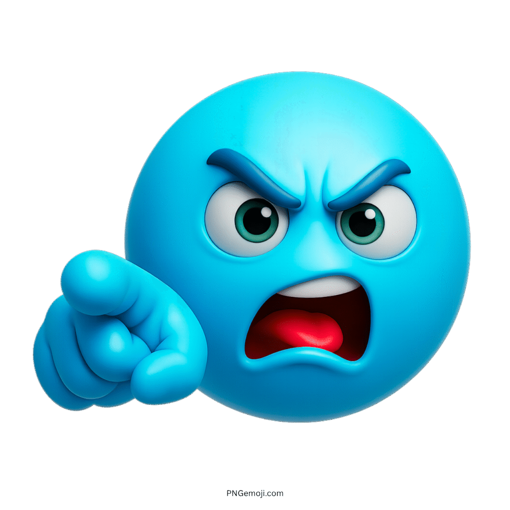 3D light blue angry emoji shouting with finger pointing in frustration and intensity