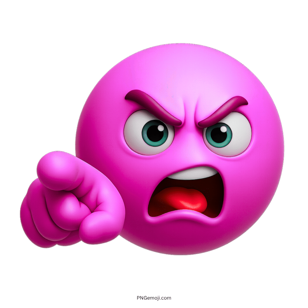 3D pink angry emoji pointing forward with open mouth and fierce expression
