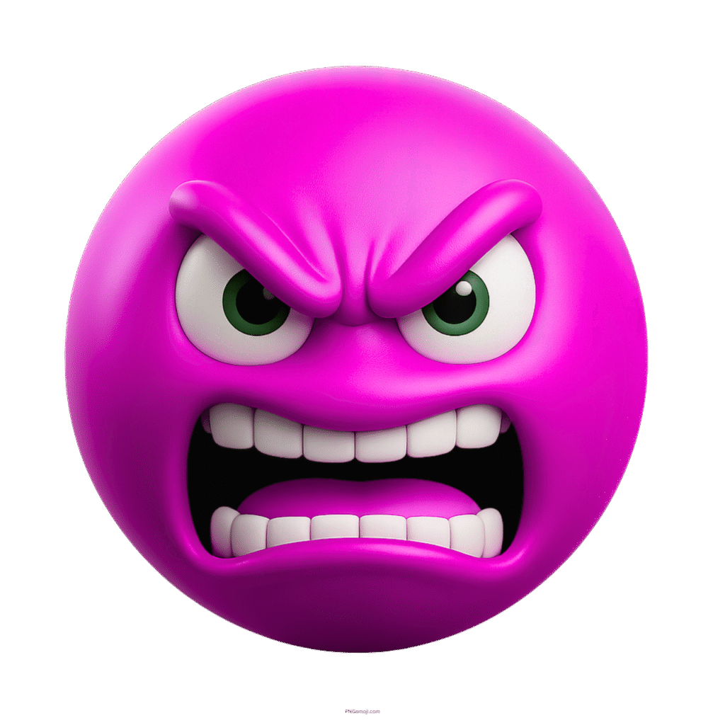 3D angry purple emoji with clenched teeth, arched brows, and green intense eyes