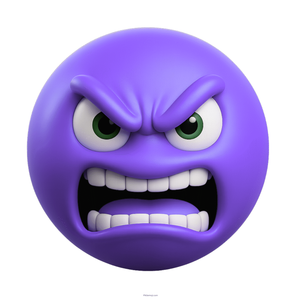 3D angry purple emoji with gritted teeth, furrowed brows, and intense green eyes