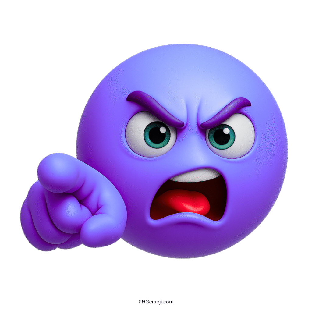 3D purple angry emoji shouting and pointing with intense face and sharp eyebrows