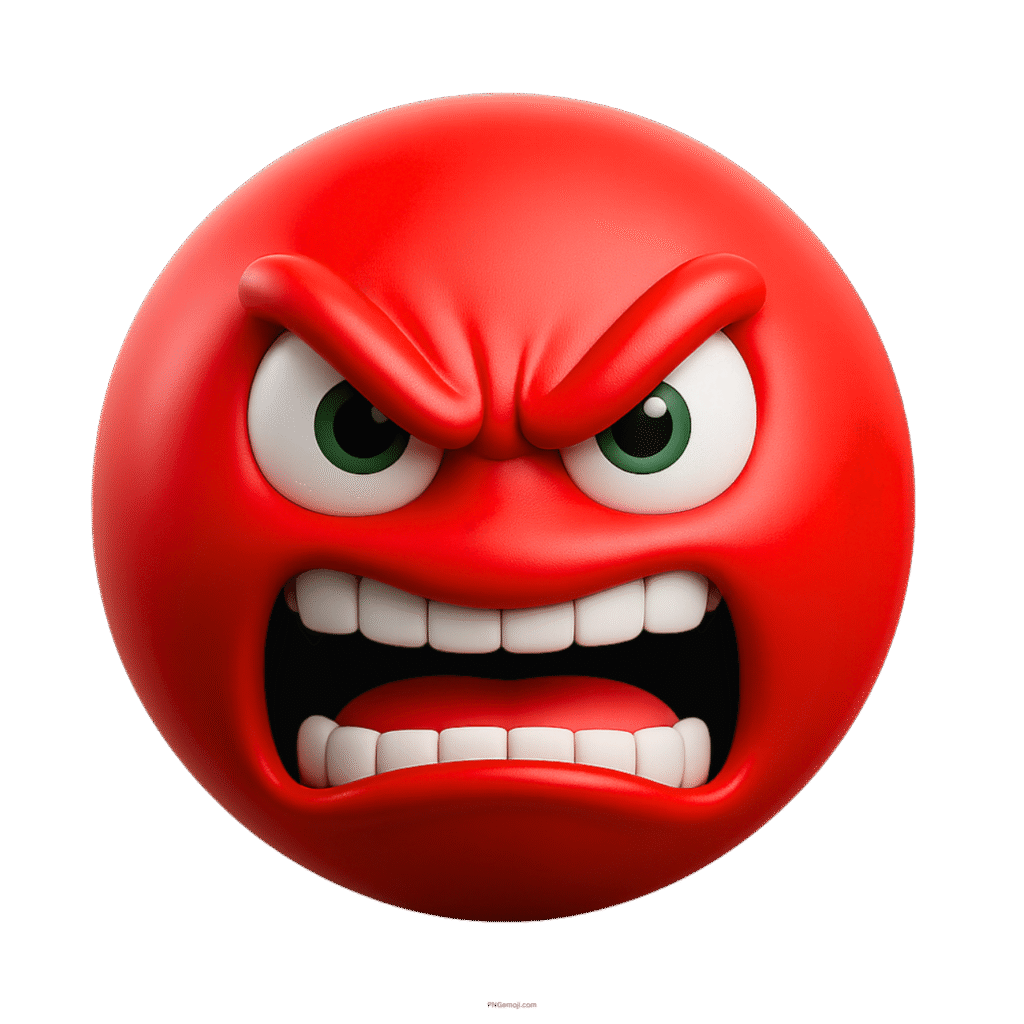 3D red angry emoji with gritted teeth, raised eyebrows, and intense green eyes