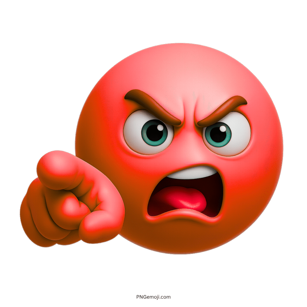 3D red angry emoji shouting and pointing with intense expression and furrowed brows