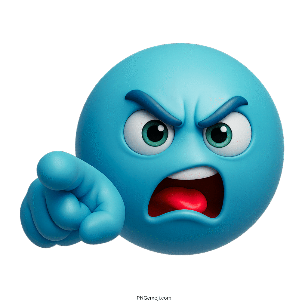 3D teal blue angry emoji pointing forward and yelling with furious expression