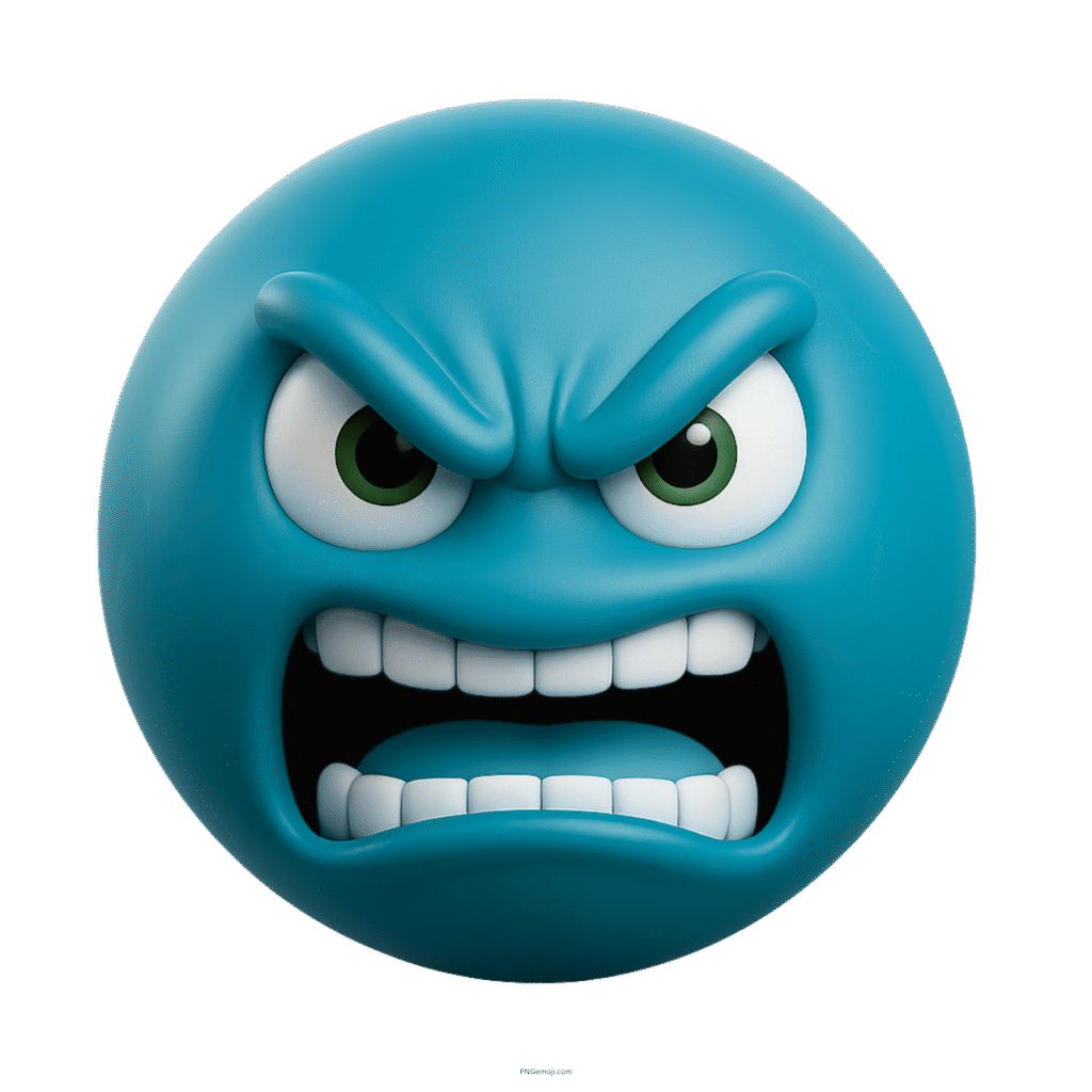 3D teal angry emoji with clenched teeth, furrowed brows, and expressive green eyes