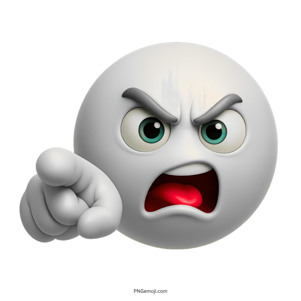 3D white angry emoji shouting with finger pointing and intense facial expression