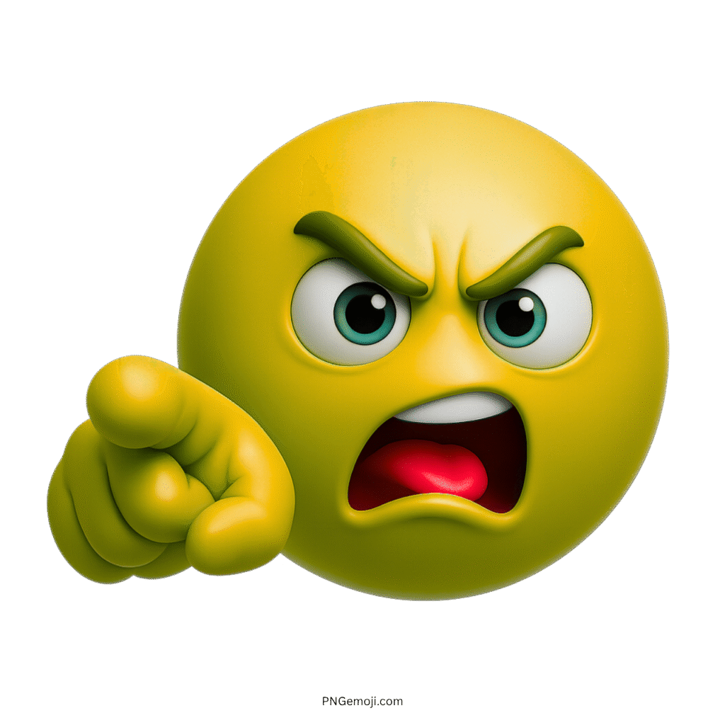3D yellow angry emoji with pointing finger and shouting facial expression