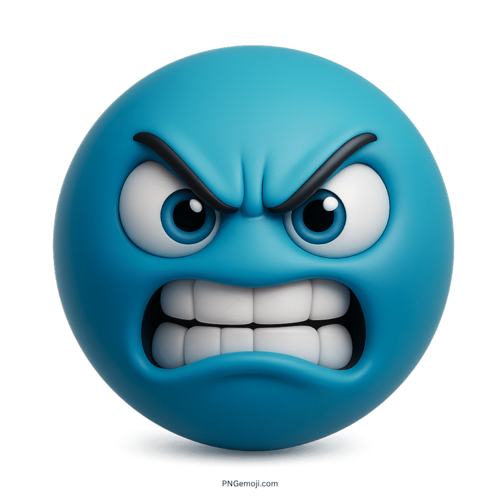 3D aqua blue angry emoji with clenched teeth and furrowed brows on transparent background