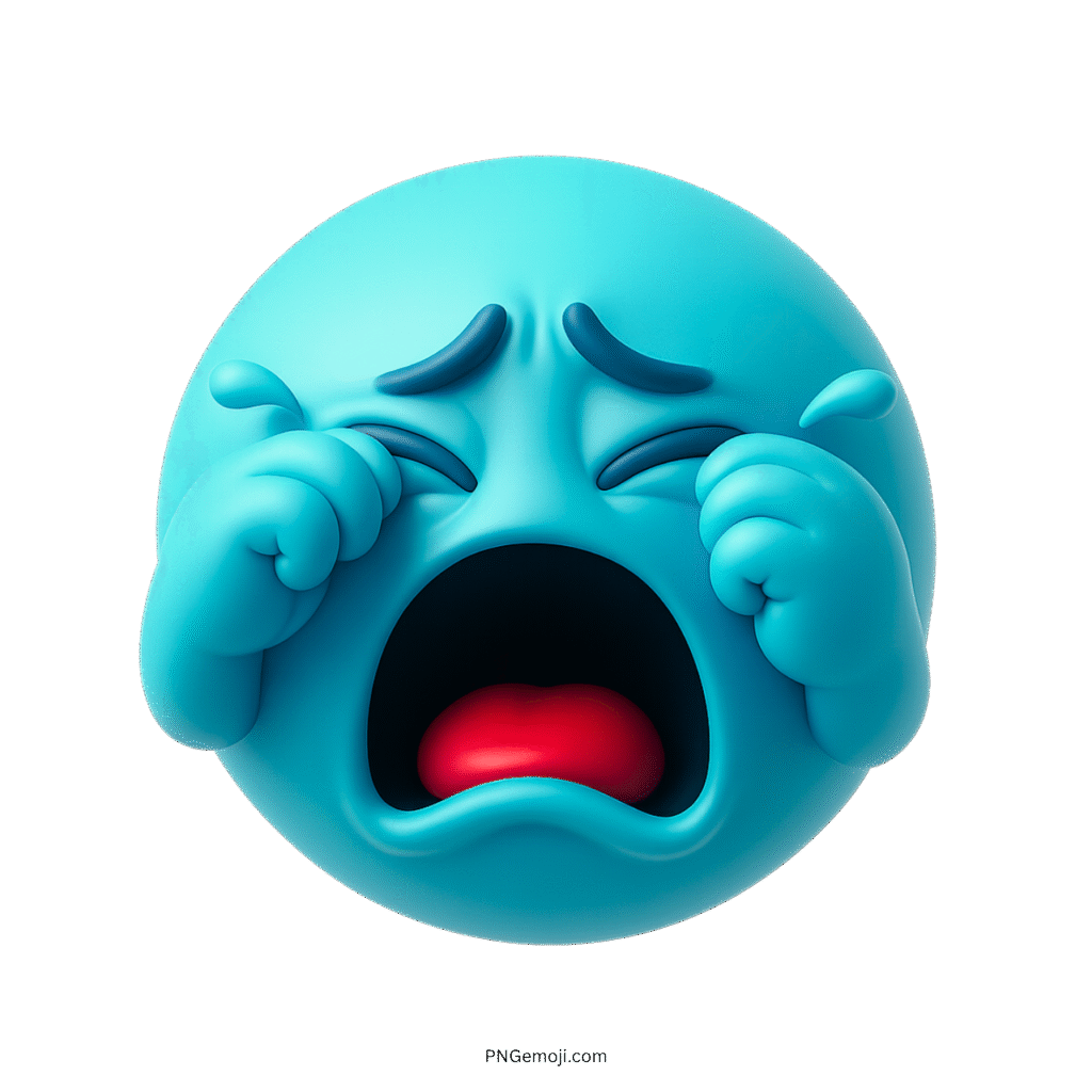 Aqua blue 3D emoji face crying with sad brows, teary eyes, and red mouth