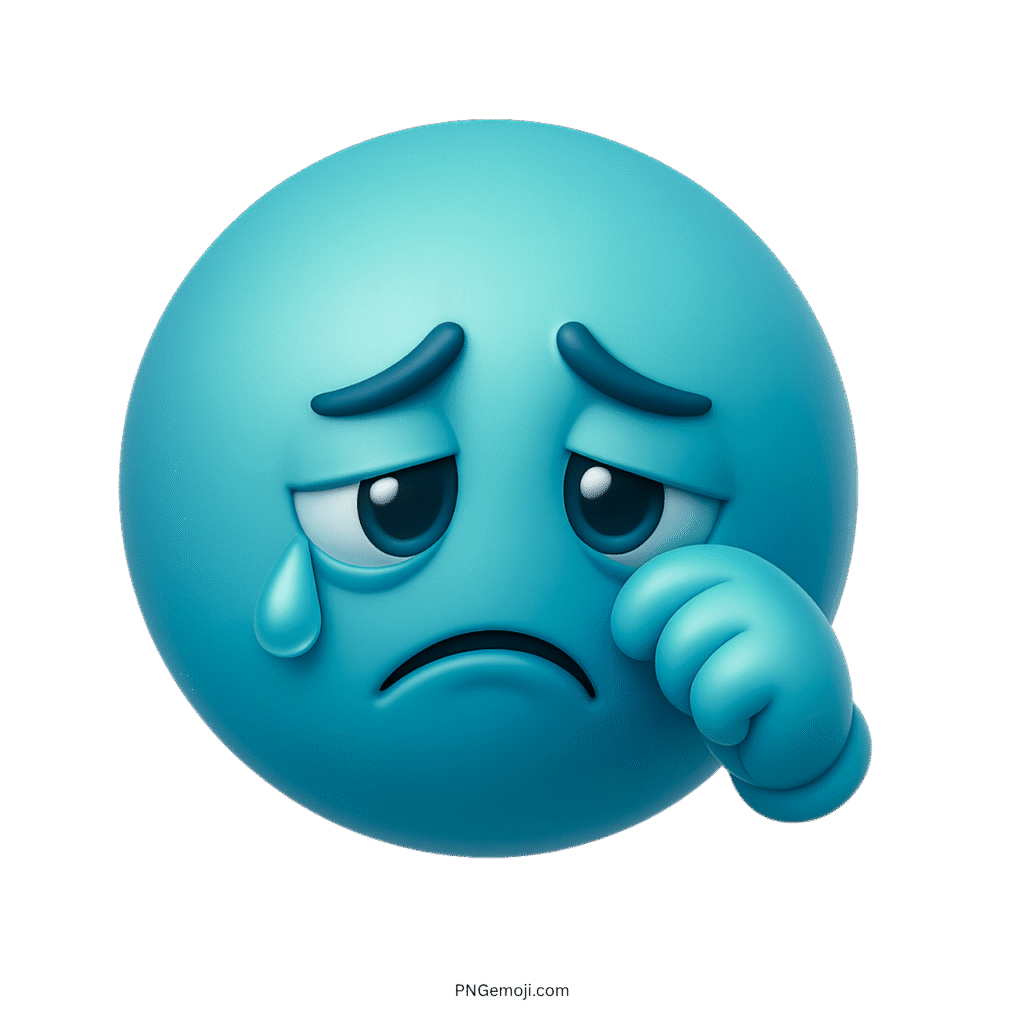 3D aqua blue sad emoji crying with teardrop and wiping hand expression