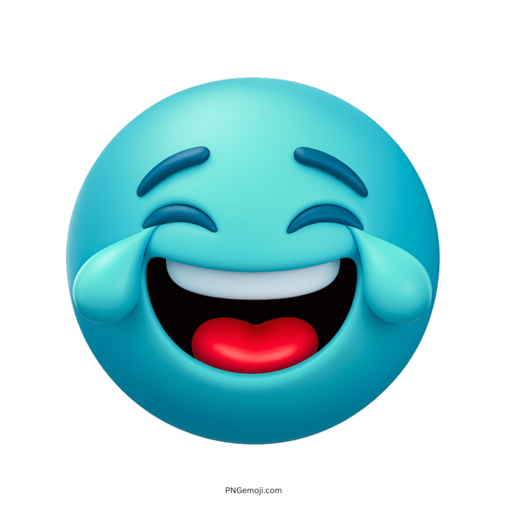 3D aqua blue emoji laughing hard with joyful tears and curved eyes